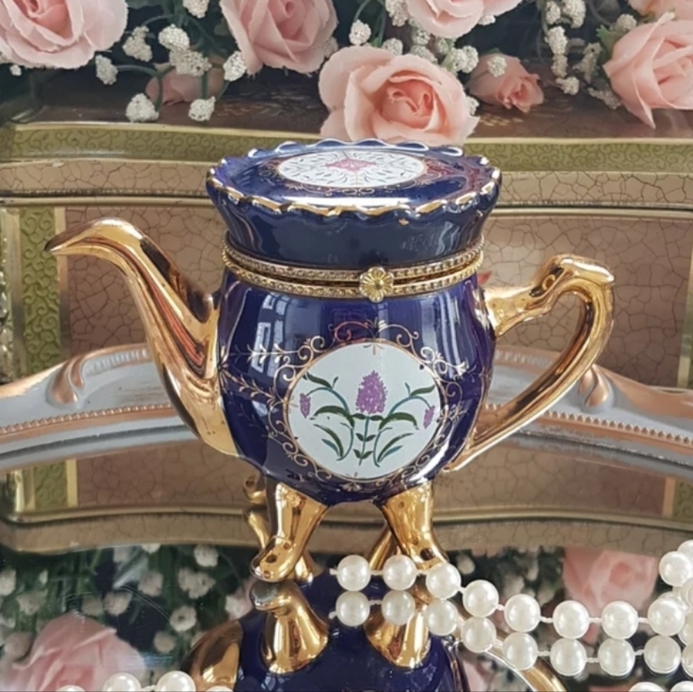 Vintage Porcelain Tea Pot Jewelry Trinket Ring Box Hinged Top, Tea Drinker Gift